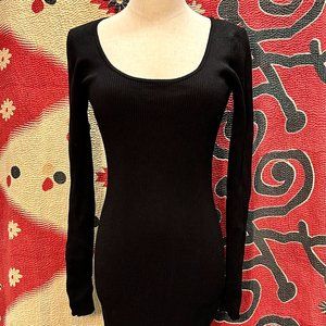 H&M Black Ribbed Knit Midi Dress Long Sleeves High Front Slit Size S